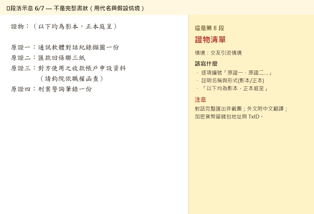 S8 段落示意 6/7 — 證物清單